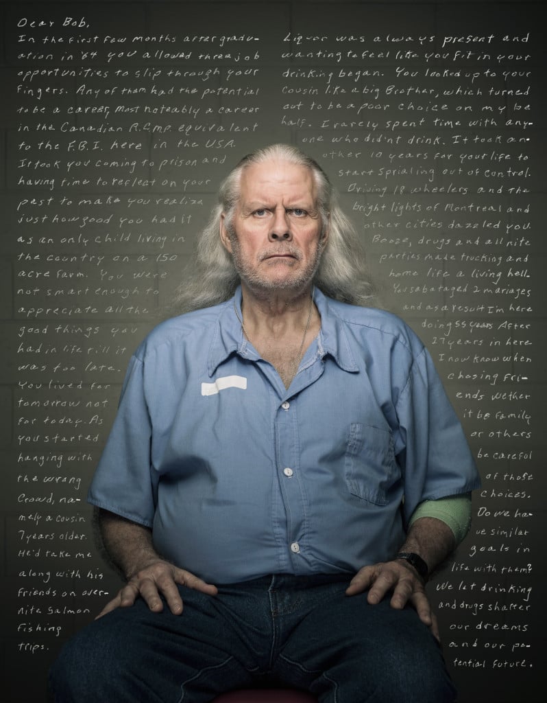 Boston-based architectural and interior photographer Trent Bell's project “Reflect” overlays large-scale portraits of inmates in the Maine prison system on top of handwritten letters by the convicts, penned to their younger selves. 