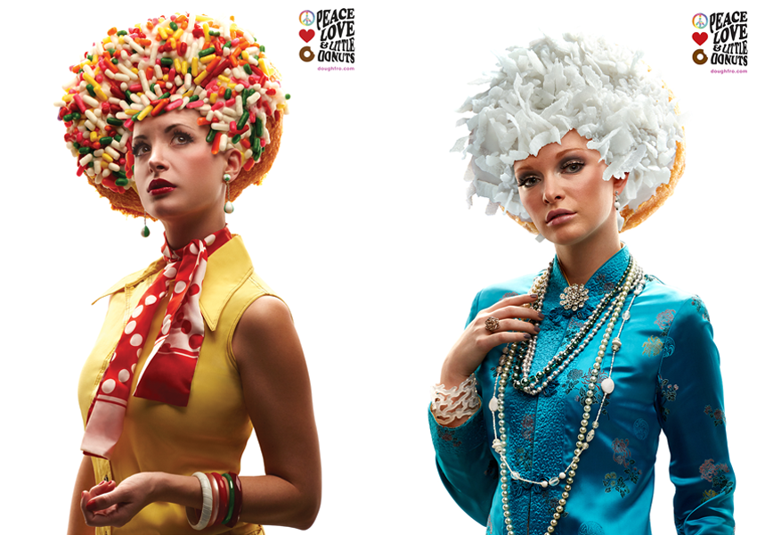 Photo for Brunner Works of two models dressed in vintage 70s attire with donuts in place of their hairstyles.