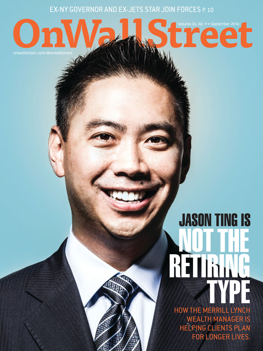 Tear sheet showing portrait of Jason Ting on the cover of Wall Street Magazine's September 2016 issue, photographed by Patrick Strattner