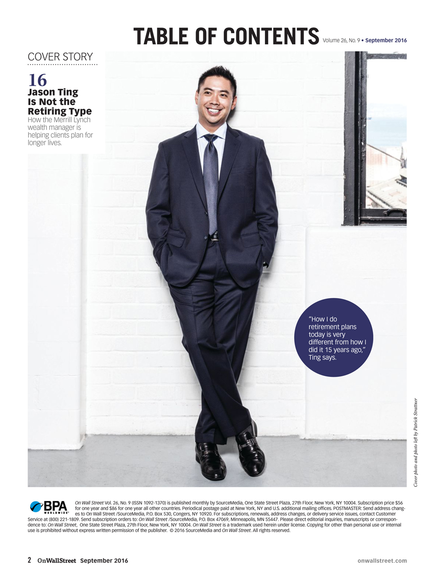 Tear sheet from On Wall Street Magazine showing Tear sheet showing portrait of Jason Ting by Patrick Strattner