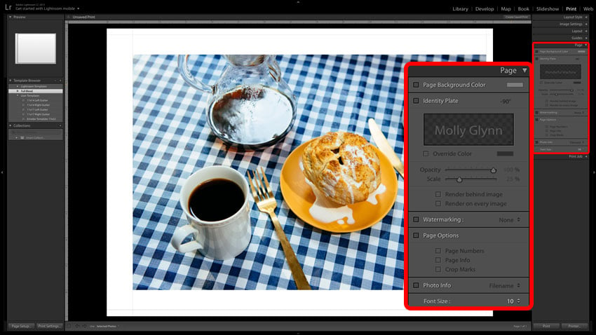 Adobe Lightroom screenshot of Print Page settings