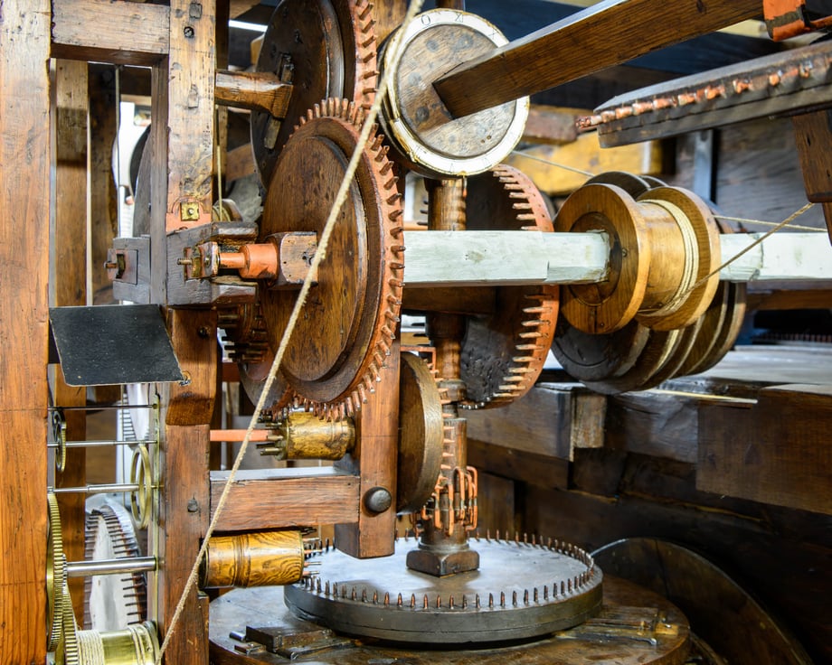 The interior gears and wooden foundation of the clock as photographed by Alastair Philip Wiper