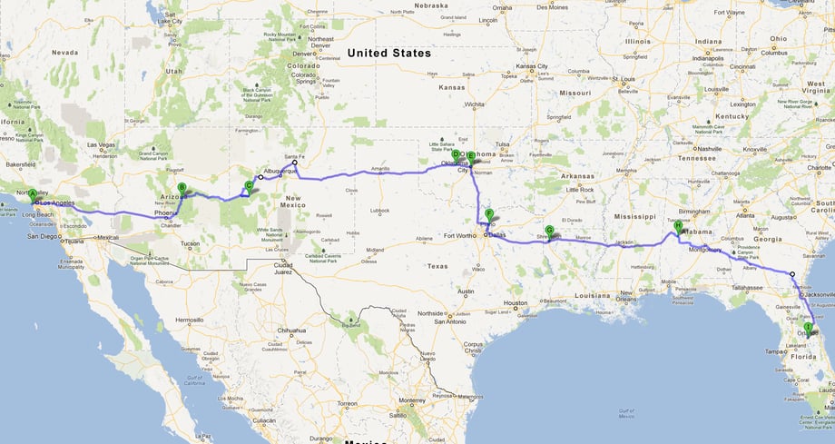 A map of the route taken for the pie road trip - stretching acros the southern United States, from West to East coast.