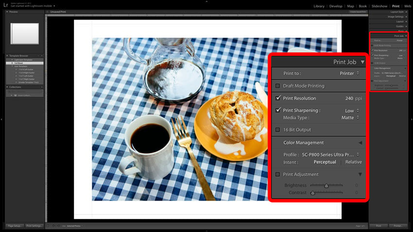 Adobe Lightroom screenshot of Print Job settings