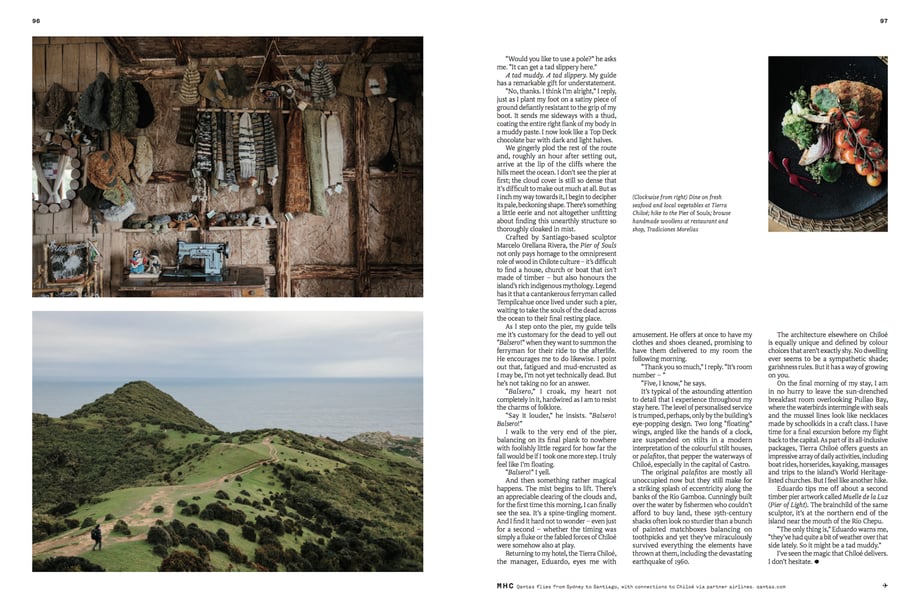 Tear sheet of Natasha Lee's work shows mountains on Chiloé Island, the interior of a local home, and a plate of fresh food