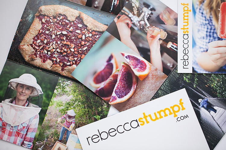 Marketing materials showing colorful photography along with the photographer's website link