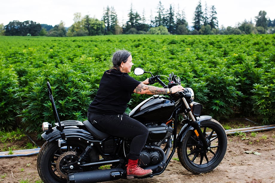 Make & Mary founder Yvonne Perez Emerson on her motorcyle. Photographed by Richard Darbonne.