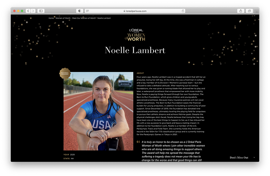 Ronnie Orlando's photo of Noelle Lambert on L'Oreal's website. 