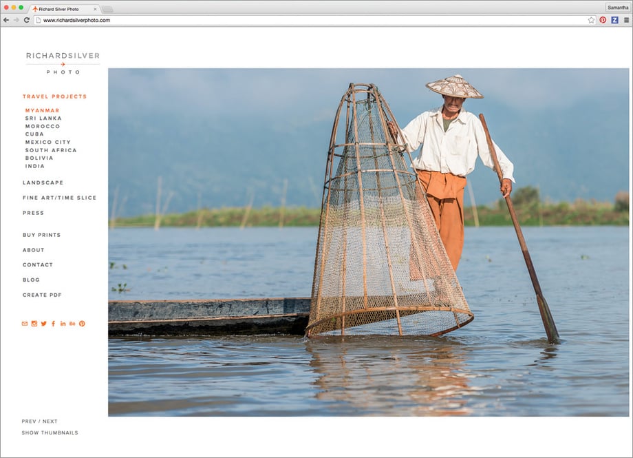 Richard Silver's new website, featuring a photo of a fisherman standing on the edge of his bat.