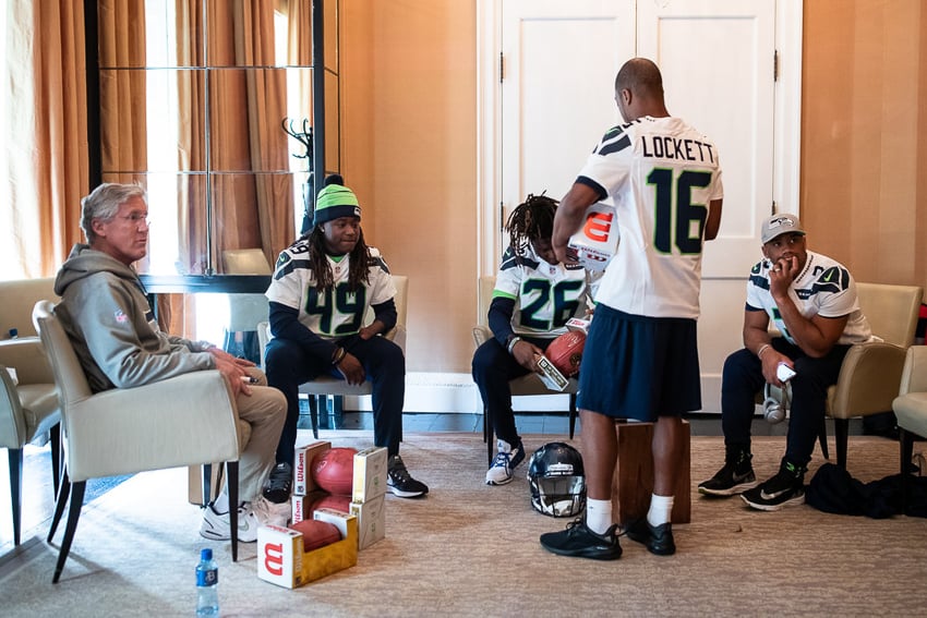 Pete Carroll, Shaquem Griffin, Shaquill Griffin, Tyler Lockett and Russell Wilson, photographed by Brett Carlsen for the New York Times