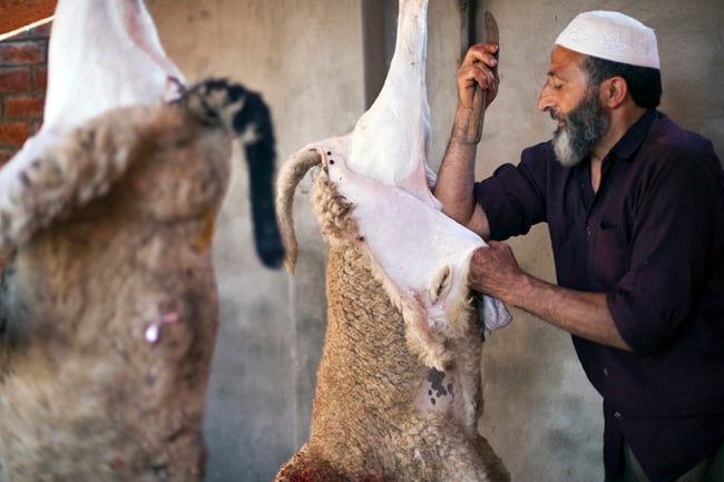 A man skinning an animal shot by London-based reportage photographer Stuart Freedman for German food magazine Effilee
