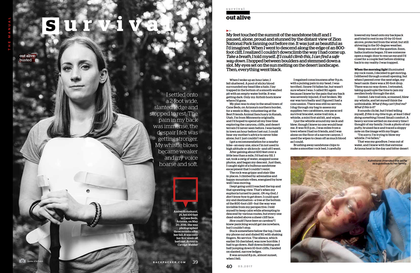 tearsheet from Backpacker Magazine showing a portrait of Amber next to the story and an insert of a photo of her when she was rescued