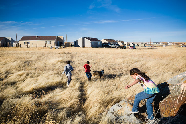 Children and a dog playing in a field on the Blackfeet Reservation on a sunny day 