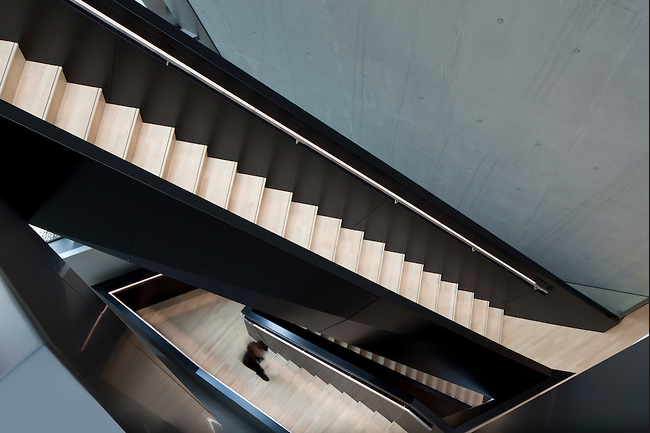 Interior aerial shot of the staircase in the Eli and Edythe Broad Art Museum