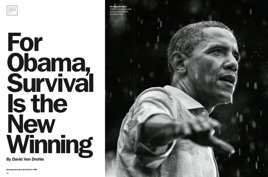 Tearsheet of the black and white image of Barack Obama used in a TIME Magazine article.