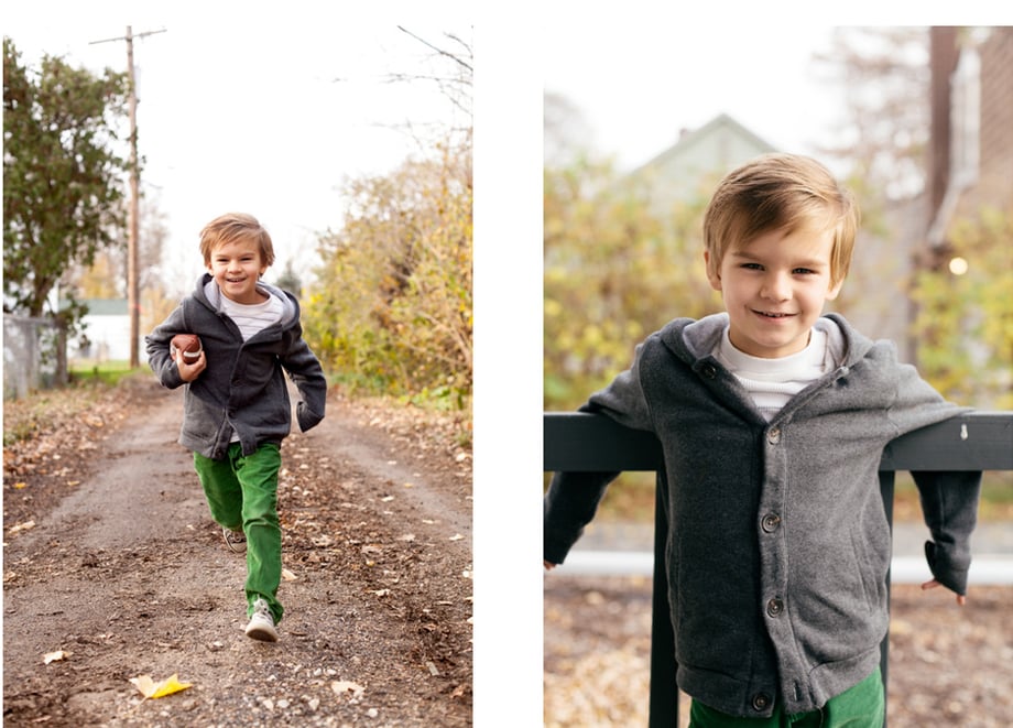 Kids lifestyle photography showing a young boy running (left) and standing against on a fence 