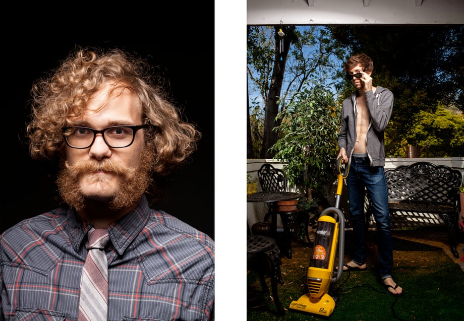 Photographs by Seth Lowe of a close-up on a man with glasses and full body of a man with a vacuum 