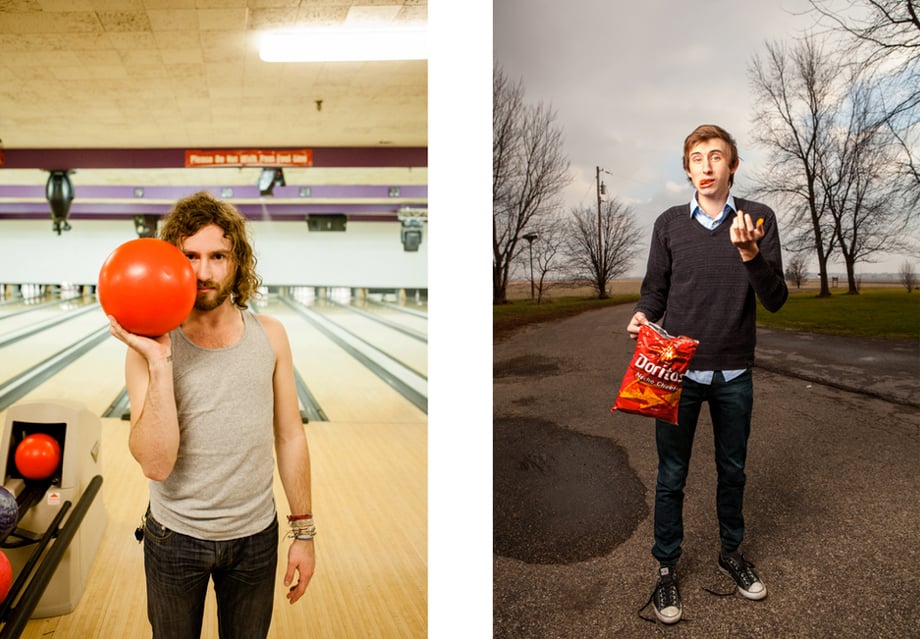 A man with a bowling ball and a man with a bag of Doritos