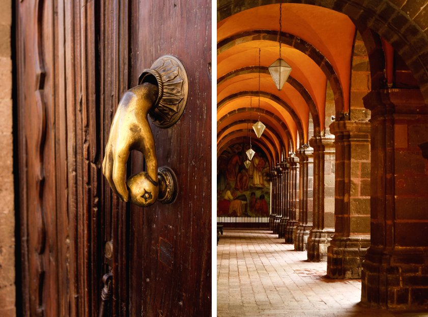 Two photographs by Julien McRoberts of a sculpture hand opening a door and a long arched corridor