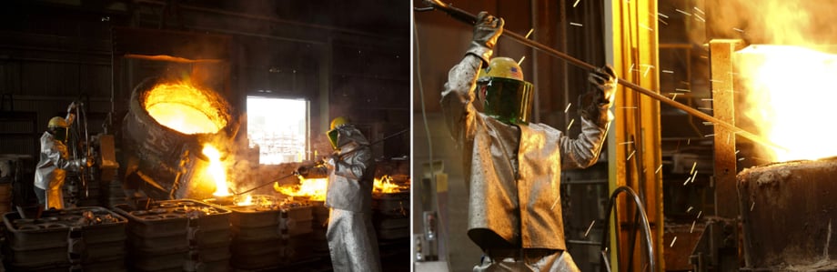 Photos of people working in a factory.