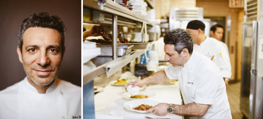 Headshot of chef, and a photo of a chef cooking.