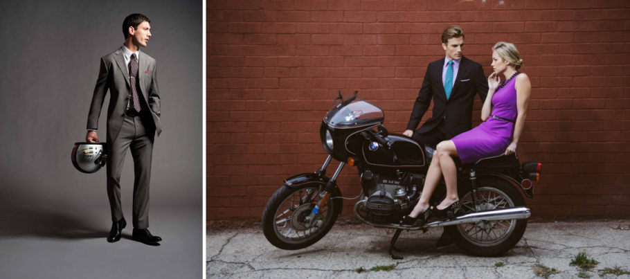 Photo of a man in a suit carrying a bike helmet, and a photo of a man and a woman wearing suits by the motorbike.
