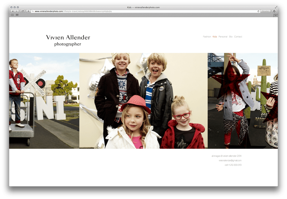 Vivien Allender's new home page showing a few images of kids photography.