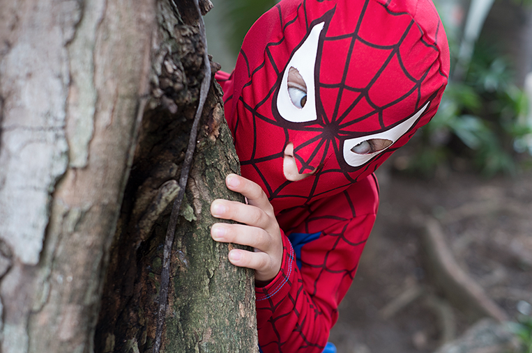 boy in a spiderman costume behind a tree