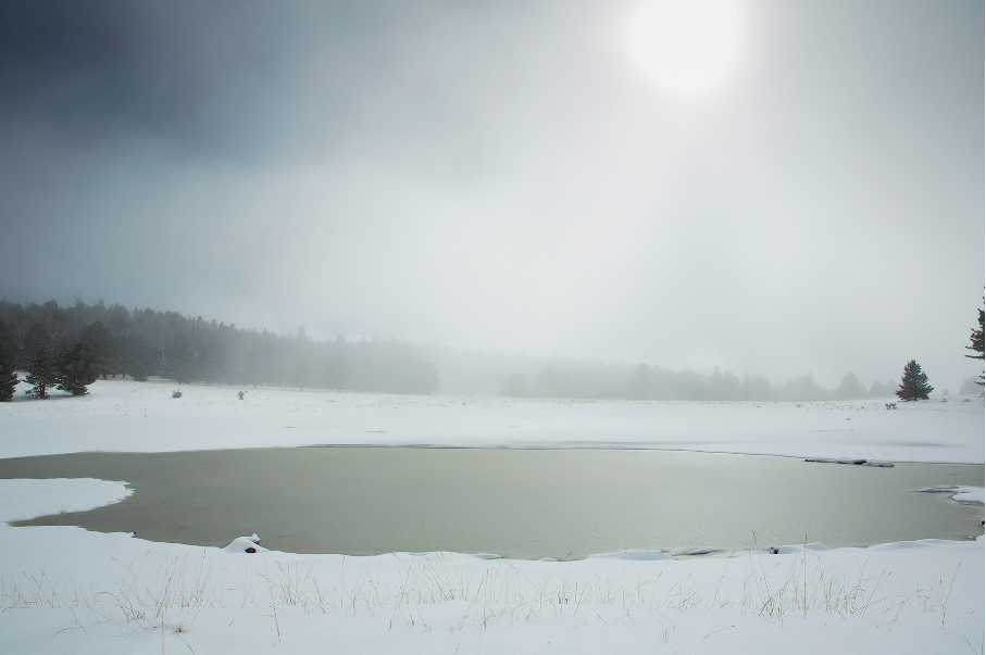 Snowy landscape around the lake photographed by John Burcham