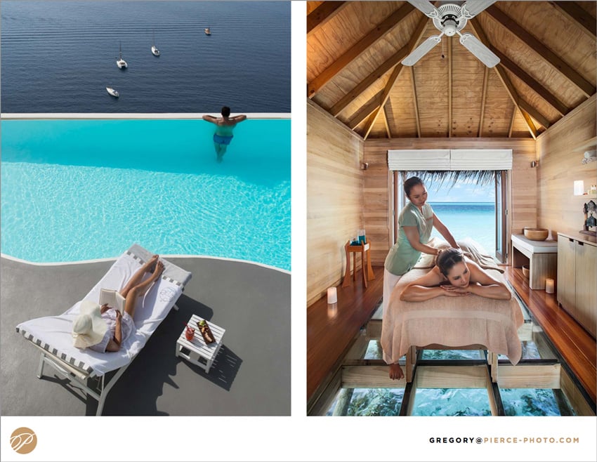 Gregory Pierce's photography samples targeted toward tropical locations showing a luxury pool and a spa.