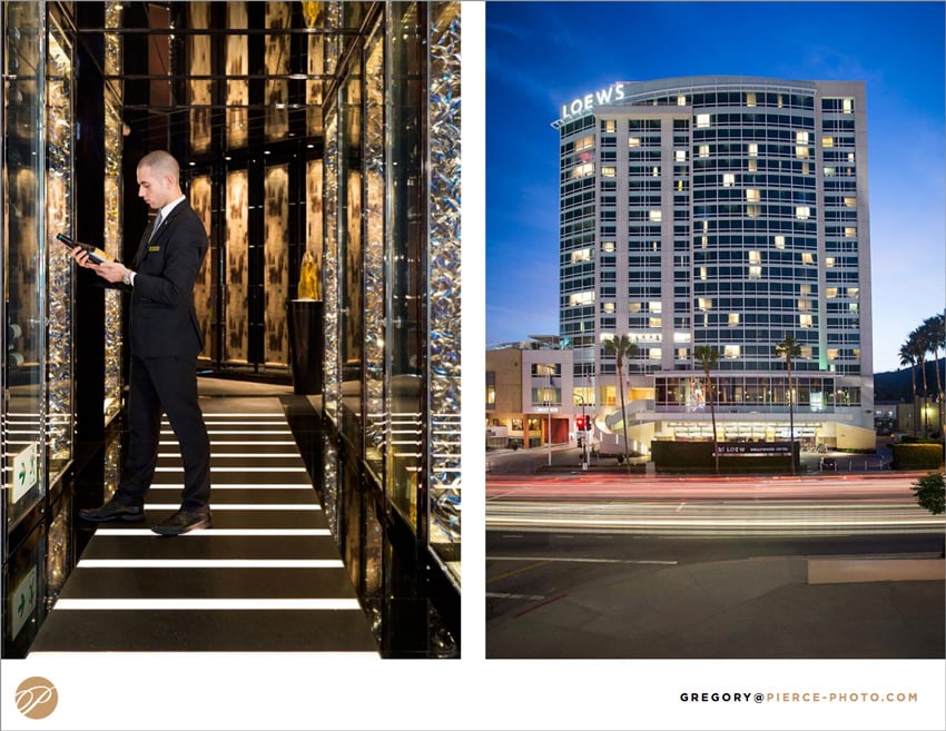 Gregory Pierce photography samples targeted toward urban locations showing a city hotel exterior and interior.