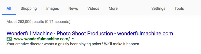 Screenshot of Wonderful Machine's Google Search ad for Photo Shoot production in December 2016.
