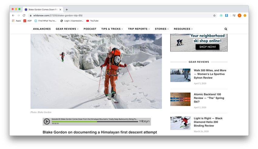 Blake Gordon's photo of two climbers on skis is used in this screen shot of the Wild Snow podcast's website.