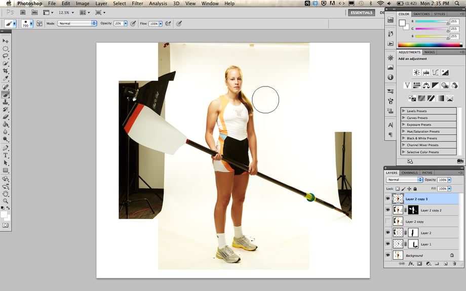 Screenshot Robby Klein's process of piecing-together the image of a rower with her oar.
