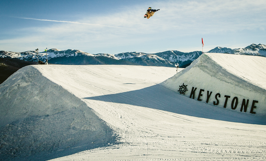 Snowboarder, mid-air shot by Denver-based sports photographer Chip Kalback for Boa Technology