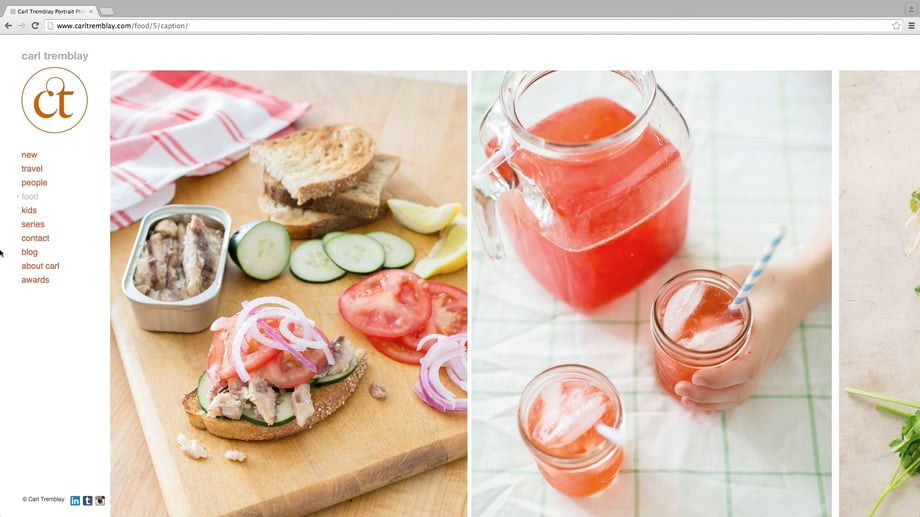 Carl Tremblay's website after the edit showing food/drink photography.