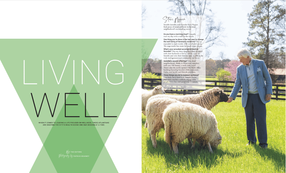 Patrick Heagney's photo of Steve Nygren in a field with sheep for the Living Well piece