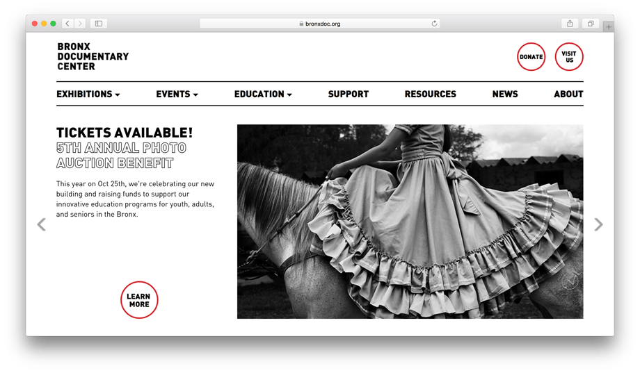 Screenshot of Bronx Documentary Center's website has tear of Nicole Franco's work: a woman in a ruffled dress on a horse