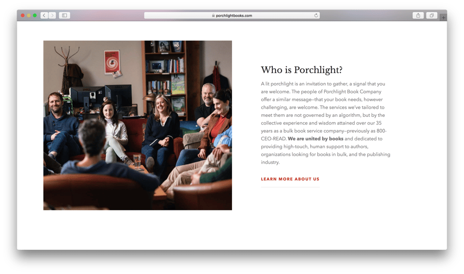 Online tear from the Porchlight Books website features Kat Schleicher's photo of a group of happy employees 