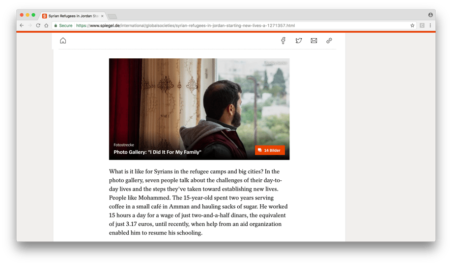 Screen shot of Der Spiegel shows Bradley Secker's photo of a Syrian man, sitting looking out a window