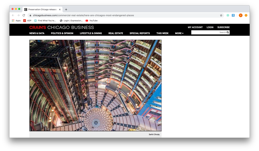 Serhii Chrucky's aerial view of the open interior of the Thompson Center for Preservation Chicago in an online tear from Crain's.