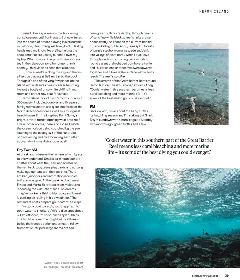 Cropped tear from the interior of the magazine shows Mark Lehn's underwater and shoreline shots of the island