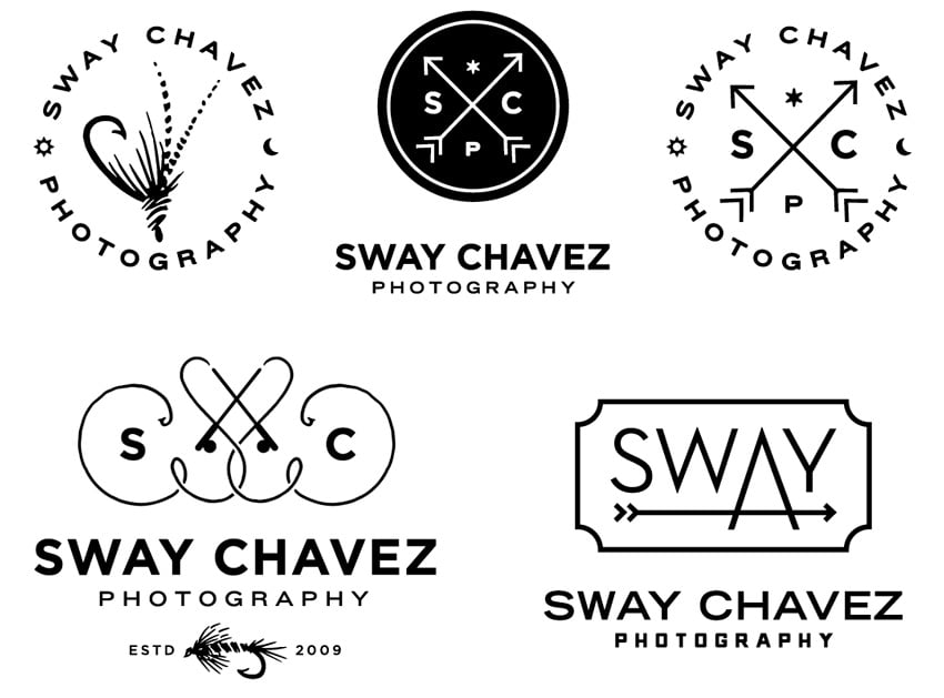 Five different  black and white designs for logos with the photographer's name and the use of arrows, and fishing hooks