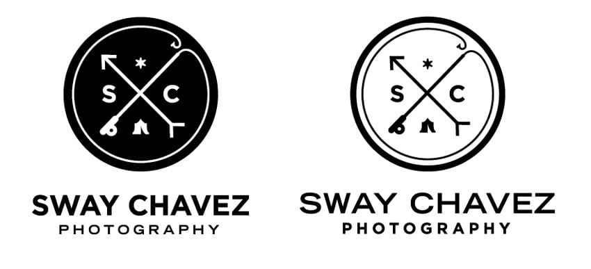 Two logos, one in black with white outlining and the other white with black outline, with a visual of an arrow and fishing hook intersecting