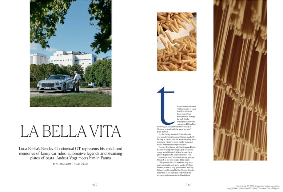 Tear sheet of Colin Dutton's work for Archant Dialogue show (L) Luca Barilla with his Bentley and (R) two shapes of pasta