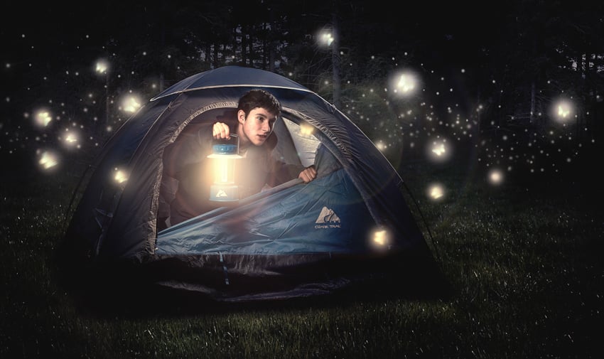 Will Strawser photographs a young man exiting a tent with digitally enhanced glowing butterflies.