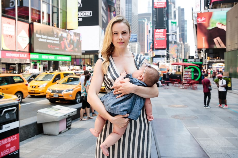 In Times Square New York City Tina Boyadjieva photographs Ukranian born mother breastfeeding for Lansinoh