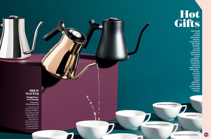 Tear sheet from Washingtonian Magazine featuring Brew Master Stagg Pour-Over Kettle shot by photographer Tom McCorkle.