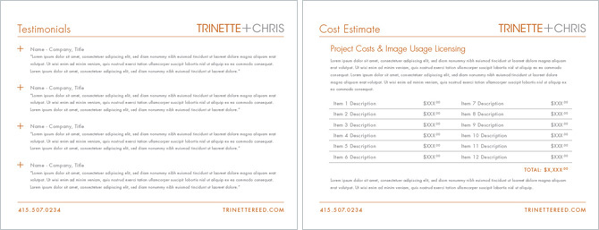 Trinette+Chris's treatment of testimonials and cost estimate pages.