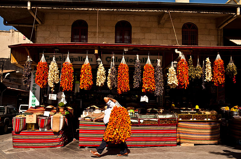 Dried goods hanging at a market shot by Penang, Malaysia-based travel photographer David Hagerman 